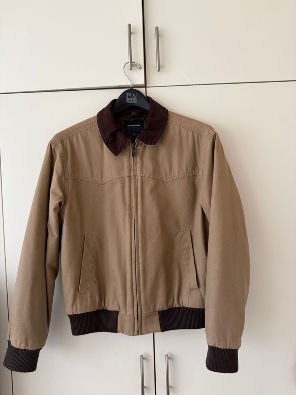 Banana Republic Factory Cotton Tan Bomber Jacket with Dark Brown Collar M